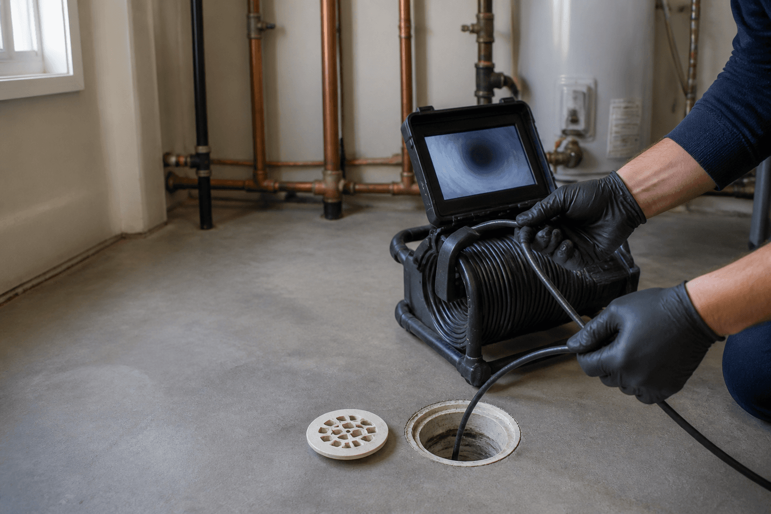 Drain camera inspection equipment in use